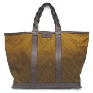 Gucci Tote Bag Braided Handle Crest GG Canvas Brown